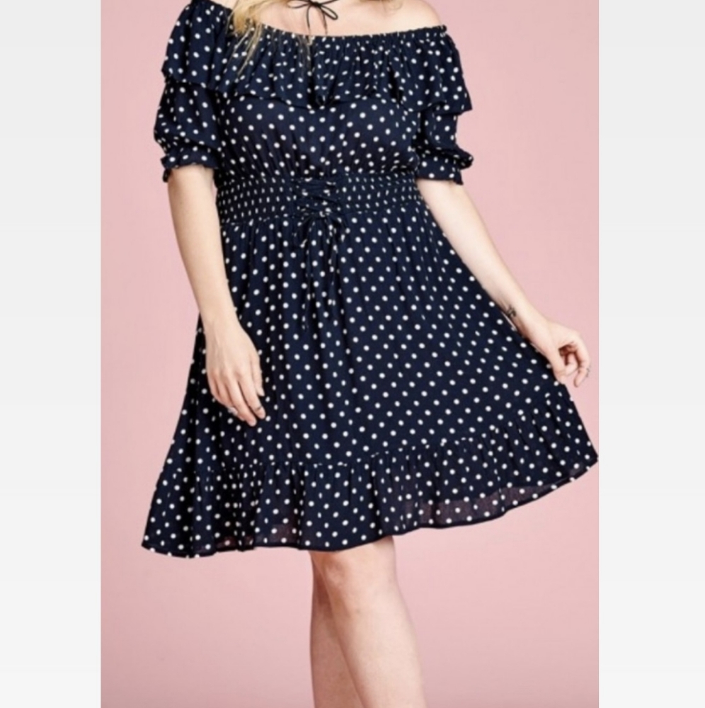 Navy ruffle pokedot dress